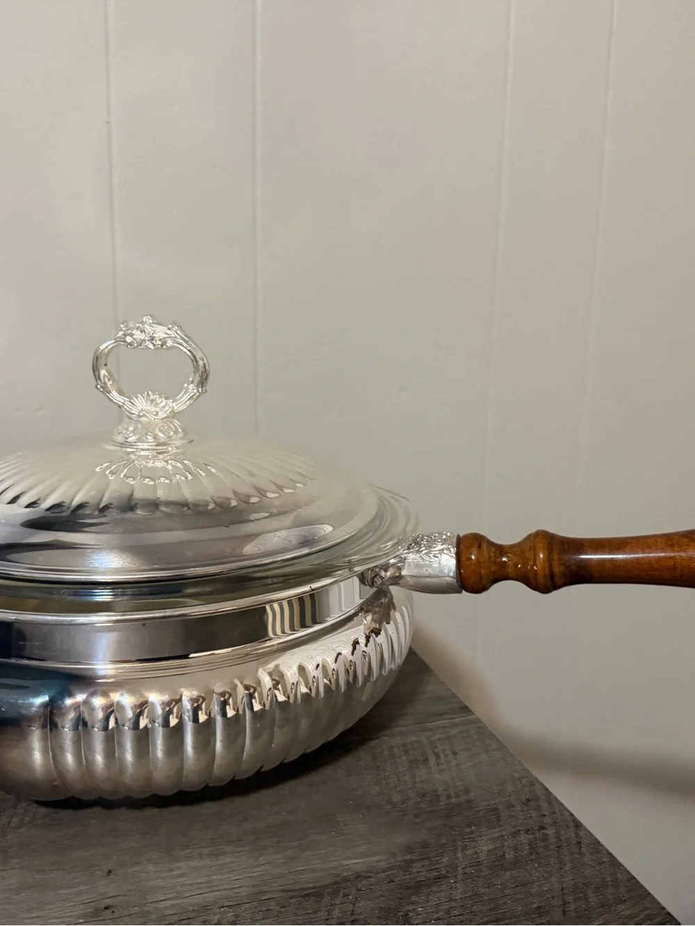 Silver-Tone Lidded Serving Pan with Wooden Handle